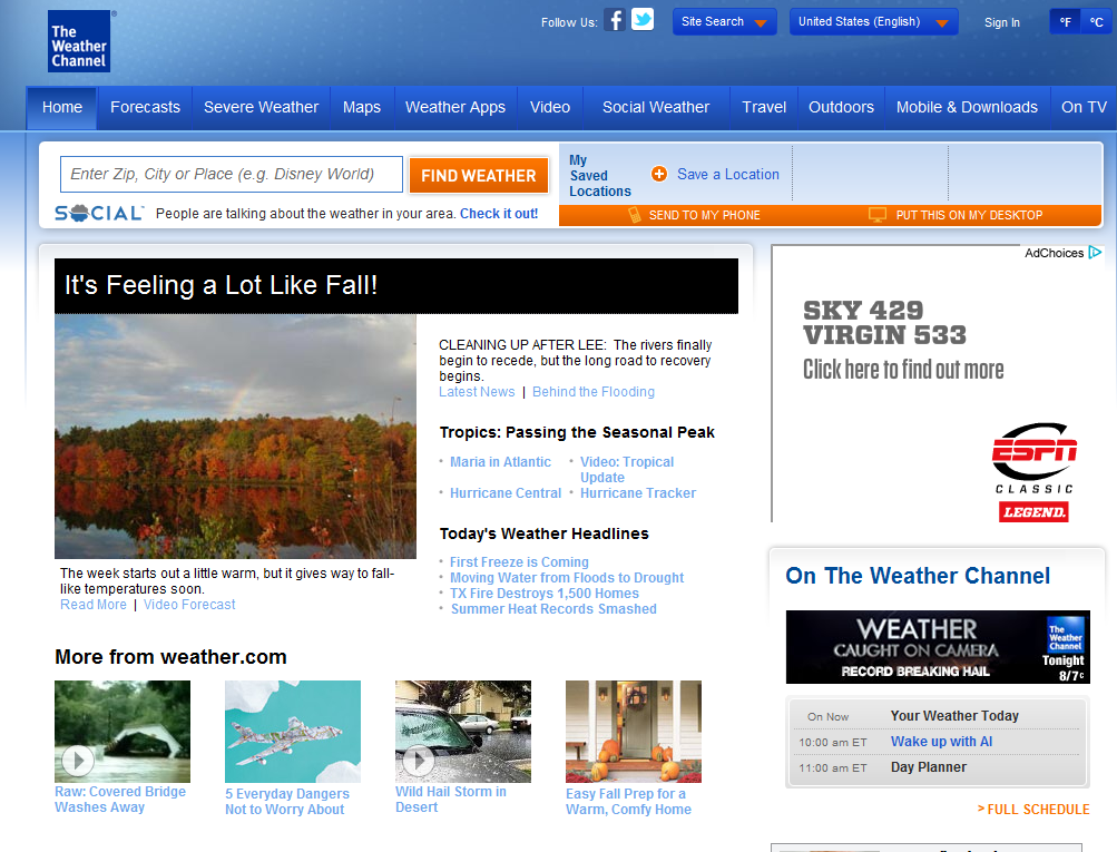 Home page of weather.com, with frames, pictures, advertisements, etc.